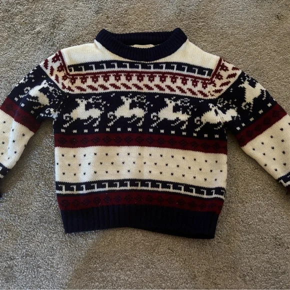 Kids Fair Isle Reindeer Crewneck Sweater - Navy, White & Burgundy - Picture 1 of 2